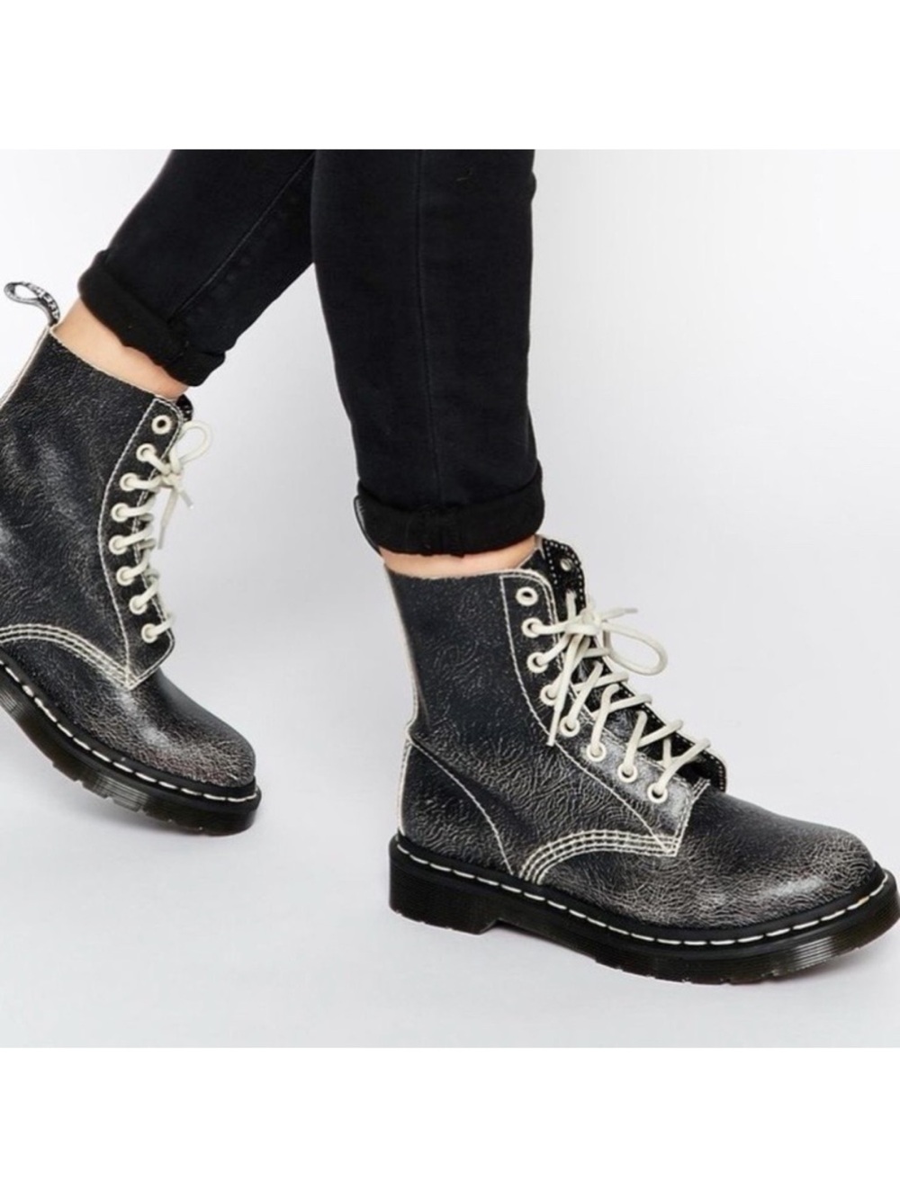 Dr Martens Pascal Iridescent Crackle Black White Combat Boots Size 6